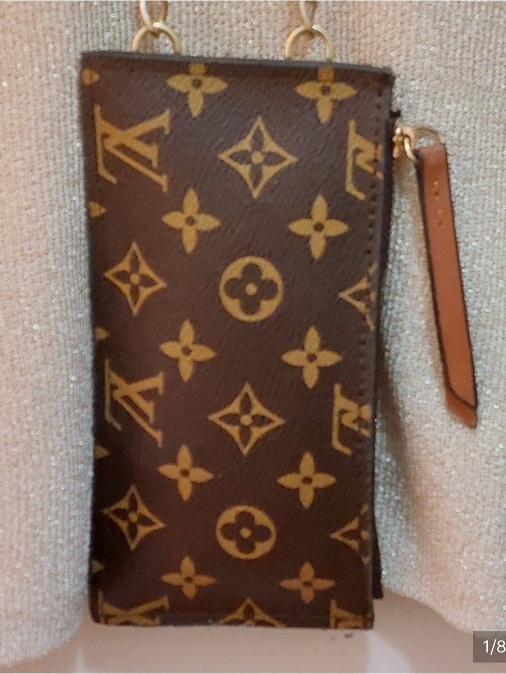 NEW Louis Vuitton Brown Monogram Cellphone Case With Gold Metal Crossbody Strap.